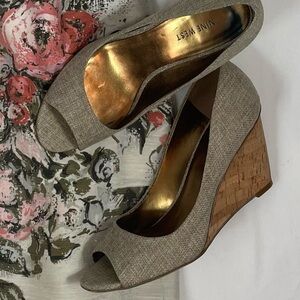 Nine West Tan Peep Toe and Cork Wedges